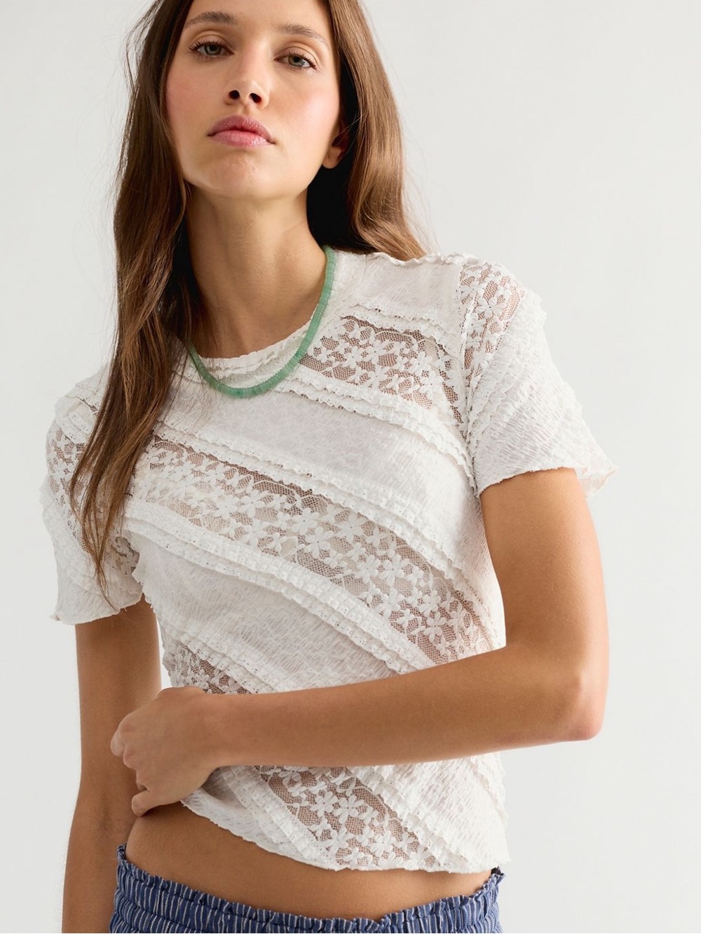 056.NWT Free People Solita Lace Top White Lace Short-Sleeve Women's Top